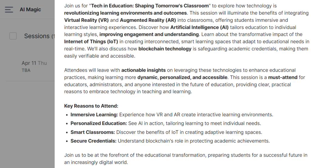 Magical Ai Descriptions: Chatgpt Prompts To Make Your Event Titles And Descriptions Take Off! 6 Screenshot Of More Concise Benefits With Bullet Points Ai Descriptions On Sched Event Platform